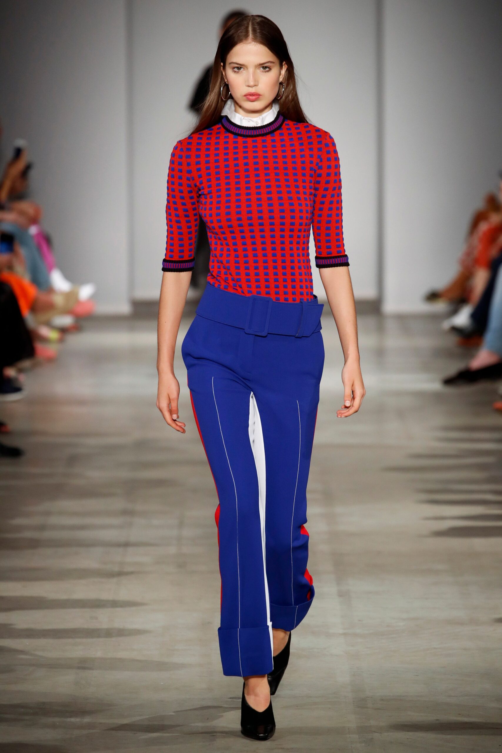 fitted red and blue top with pants
