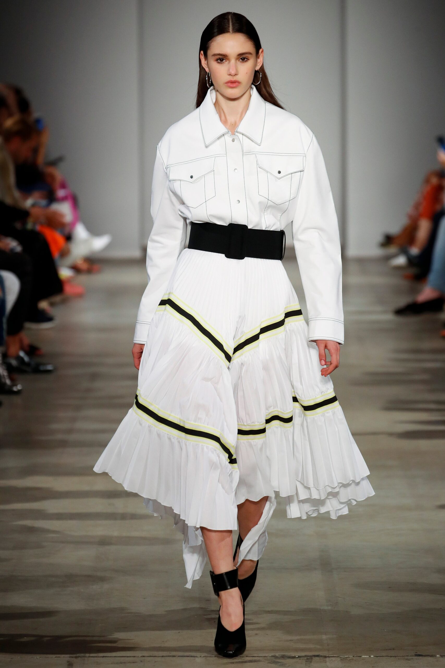 white pleated midi dress with black belt