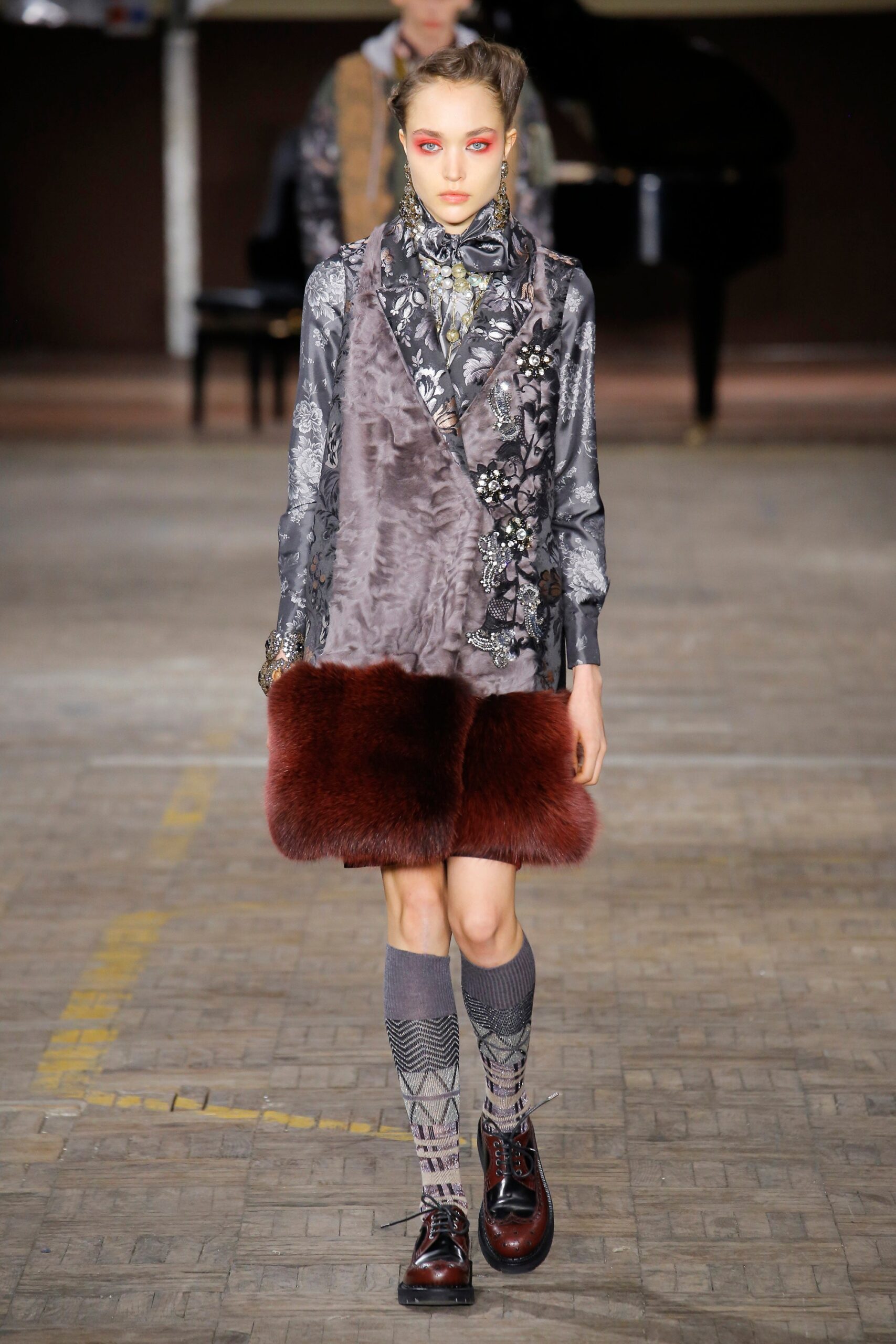 gray silk blouse with purple vest