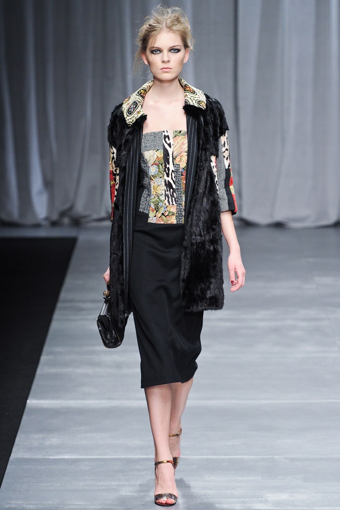 black fur coat with printed top