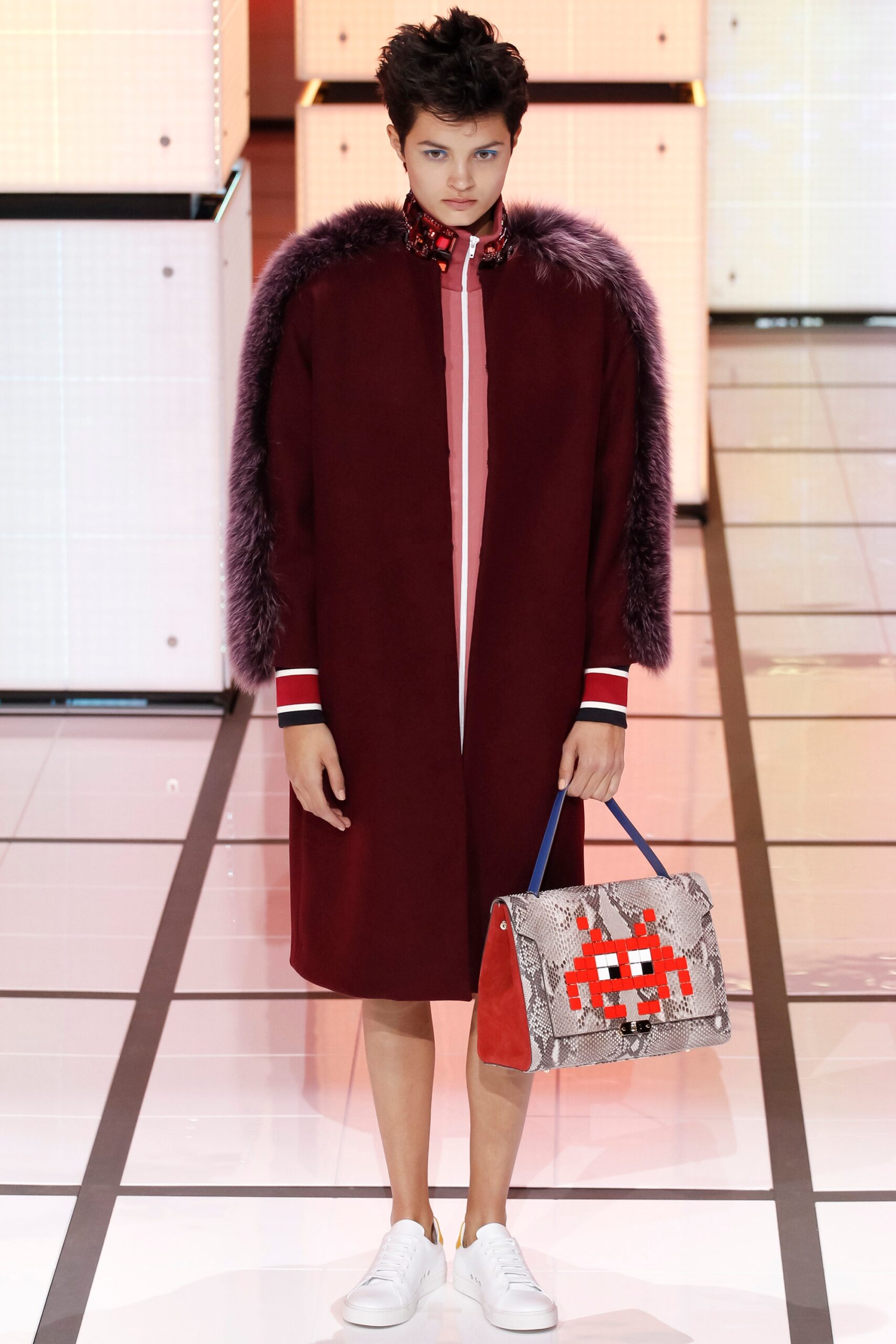 red wool long-sleeve collared fitted zippered coat