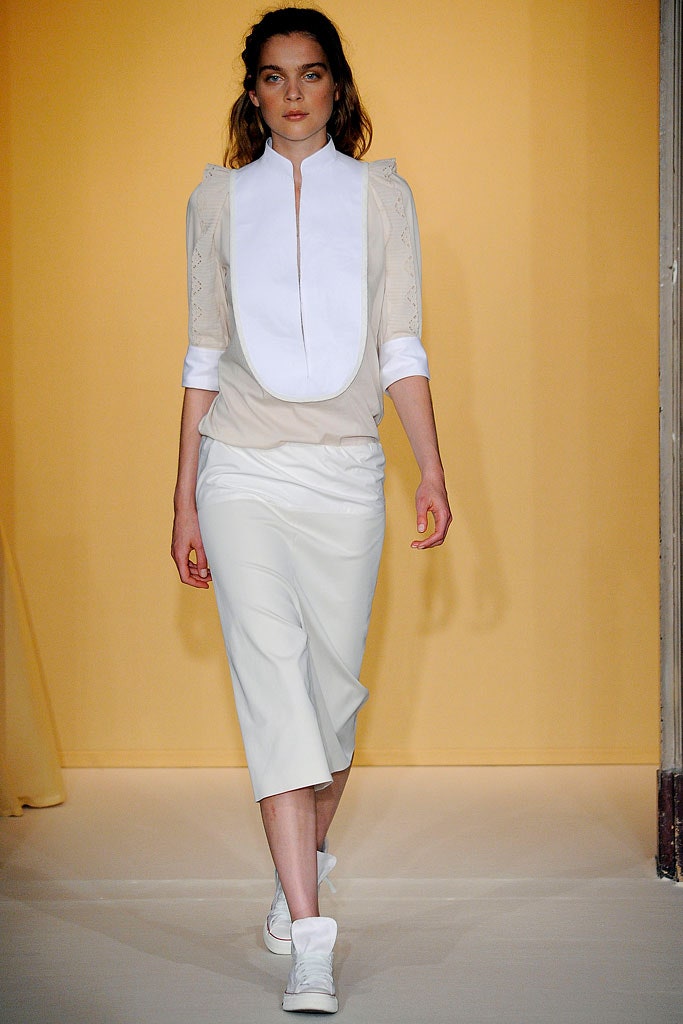 white fitted blouse and midi skirt