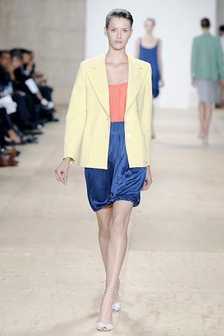 yellow blazer red top blue skirt