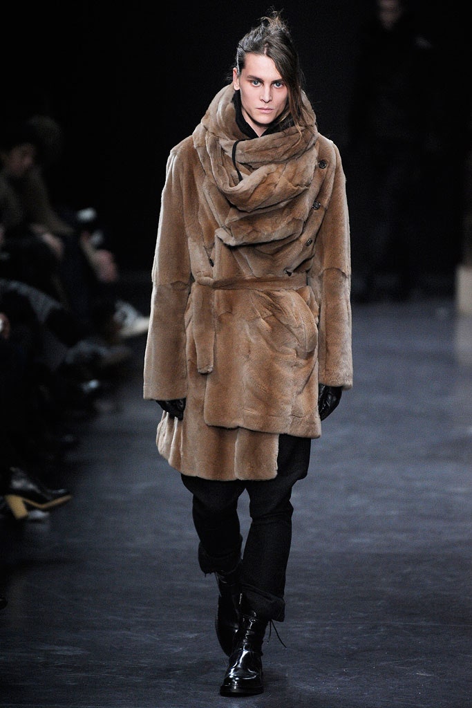 brown fur long-sleeve collared relaxed draped coat