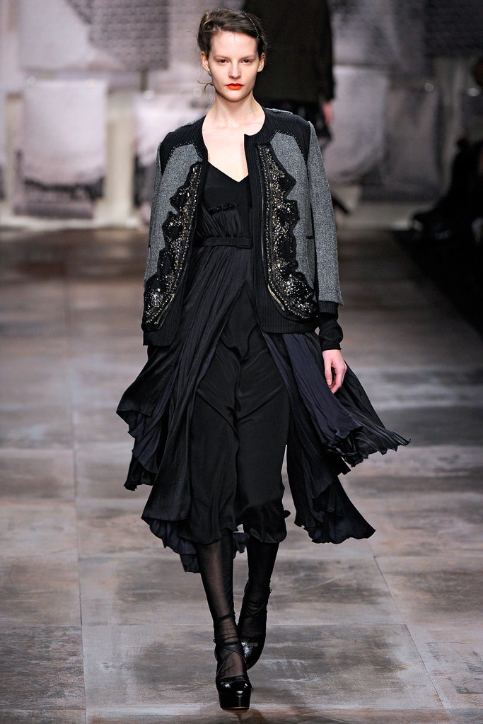 black silk midi dress with gray jacket