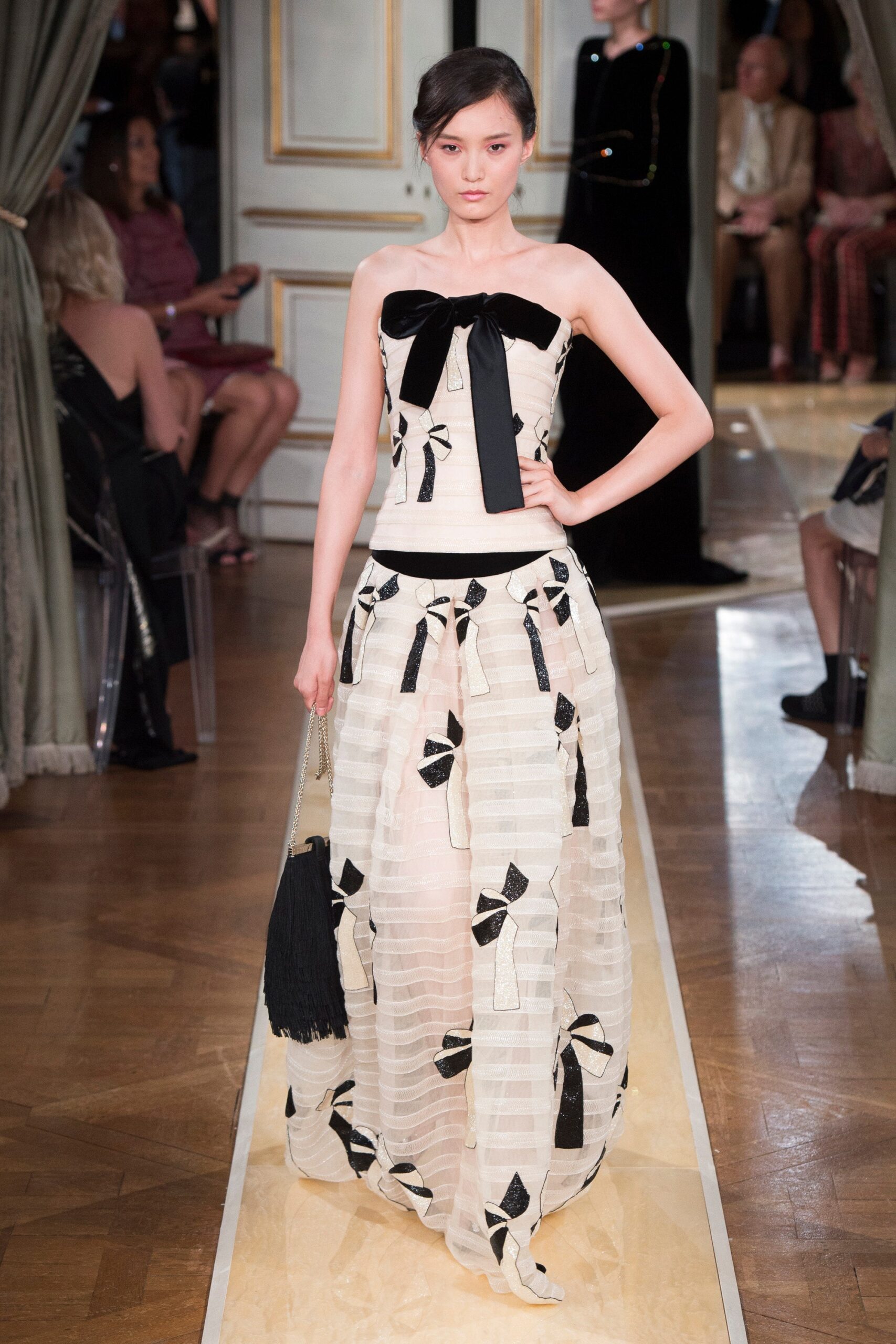 white and black ruffled top with tiered skirt