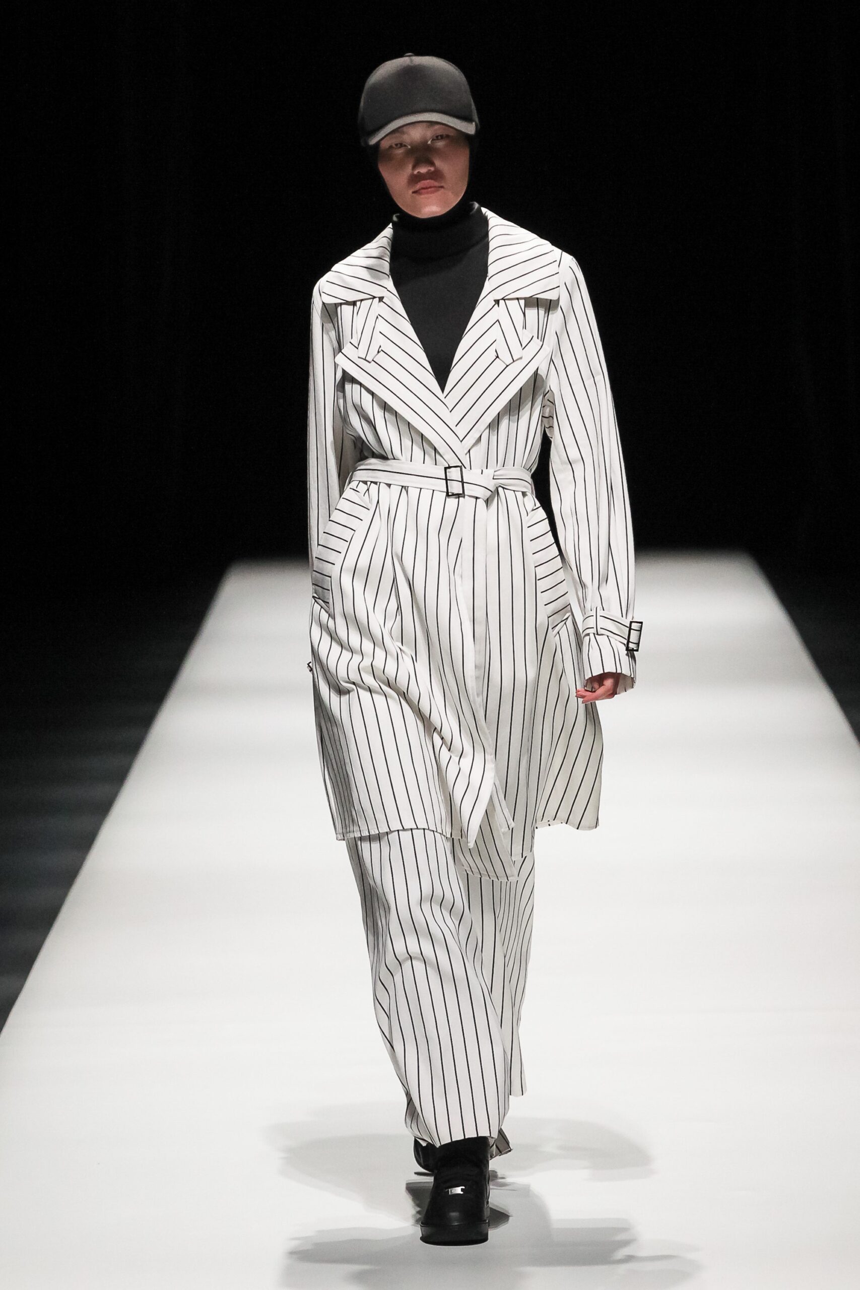striped white and black trench coat