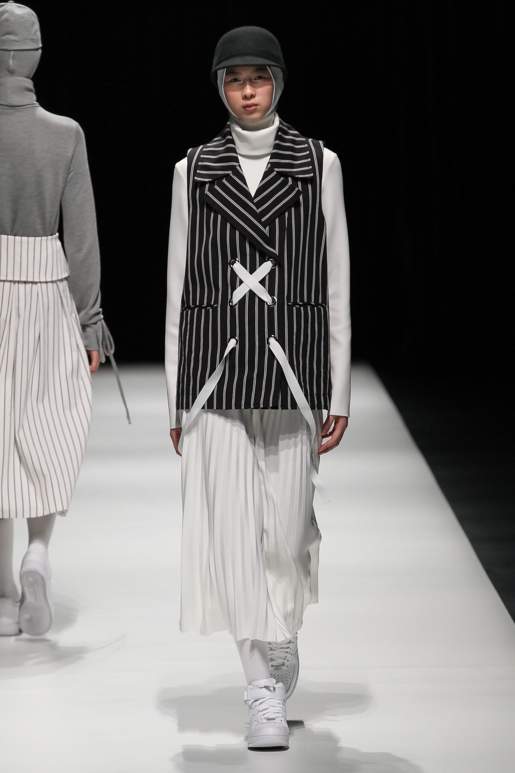 black and white striped vest with midi dress