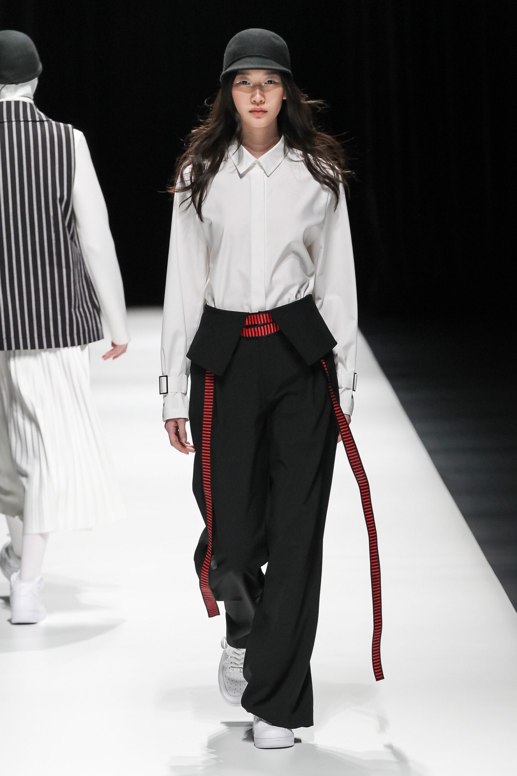 white fitted shirt black relaxed pants