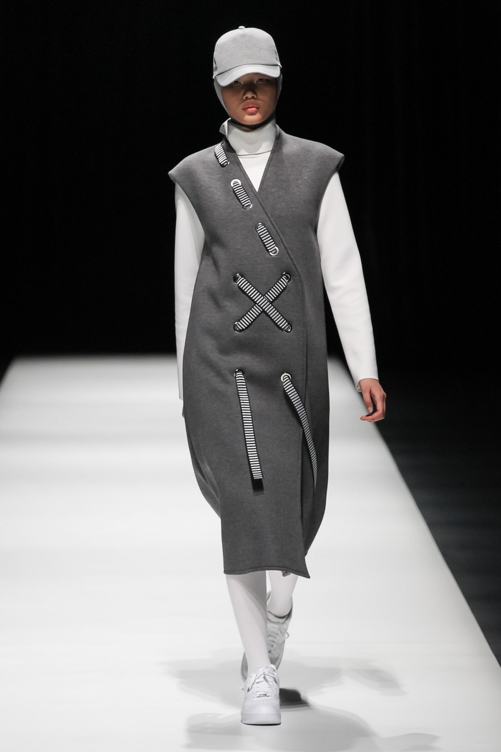 gray cotton sleeveless high-neck relaxed draped zippered dress