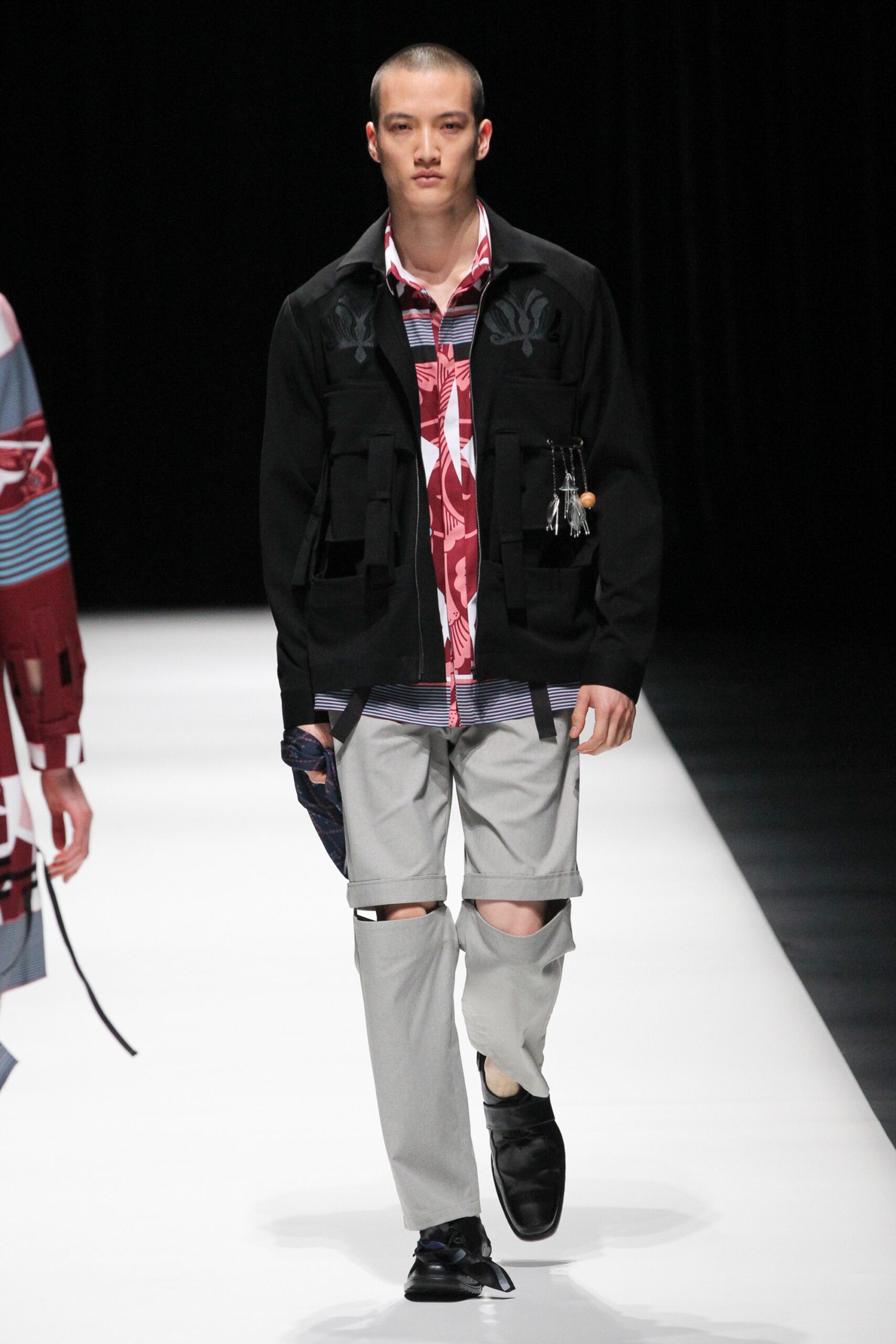 black jacket with printed shirt