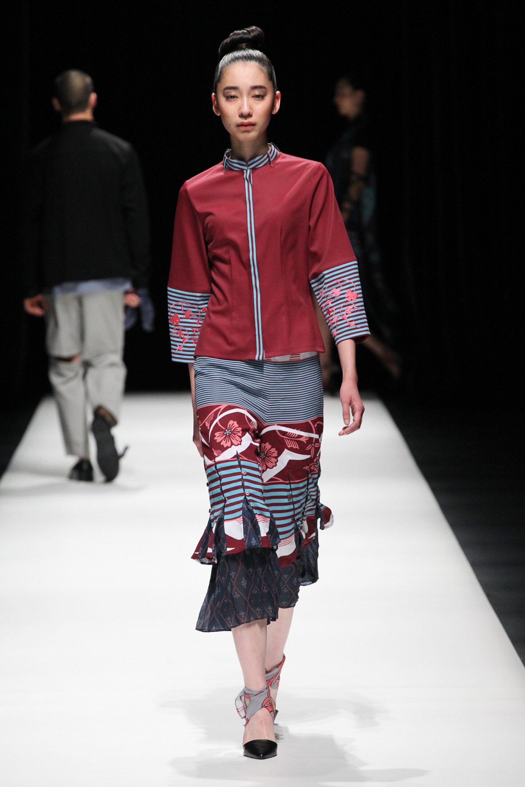 red and blue embroidered top with flared skirt