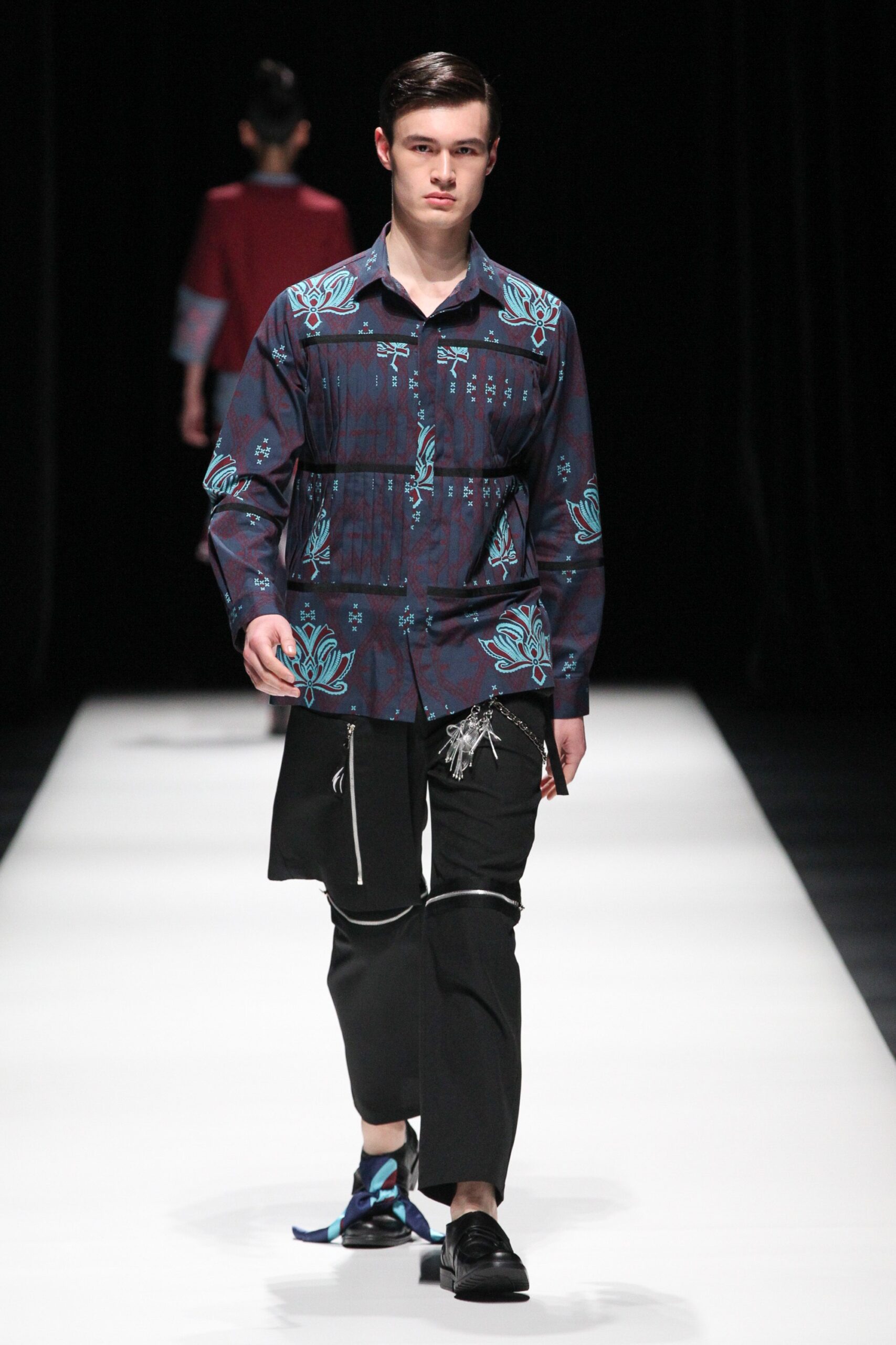 blue printed shirt and black pants