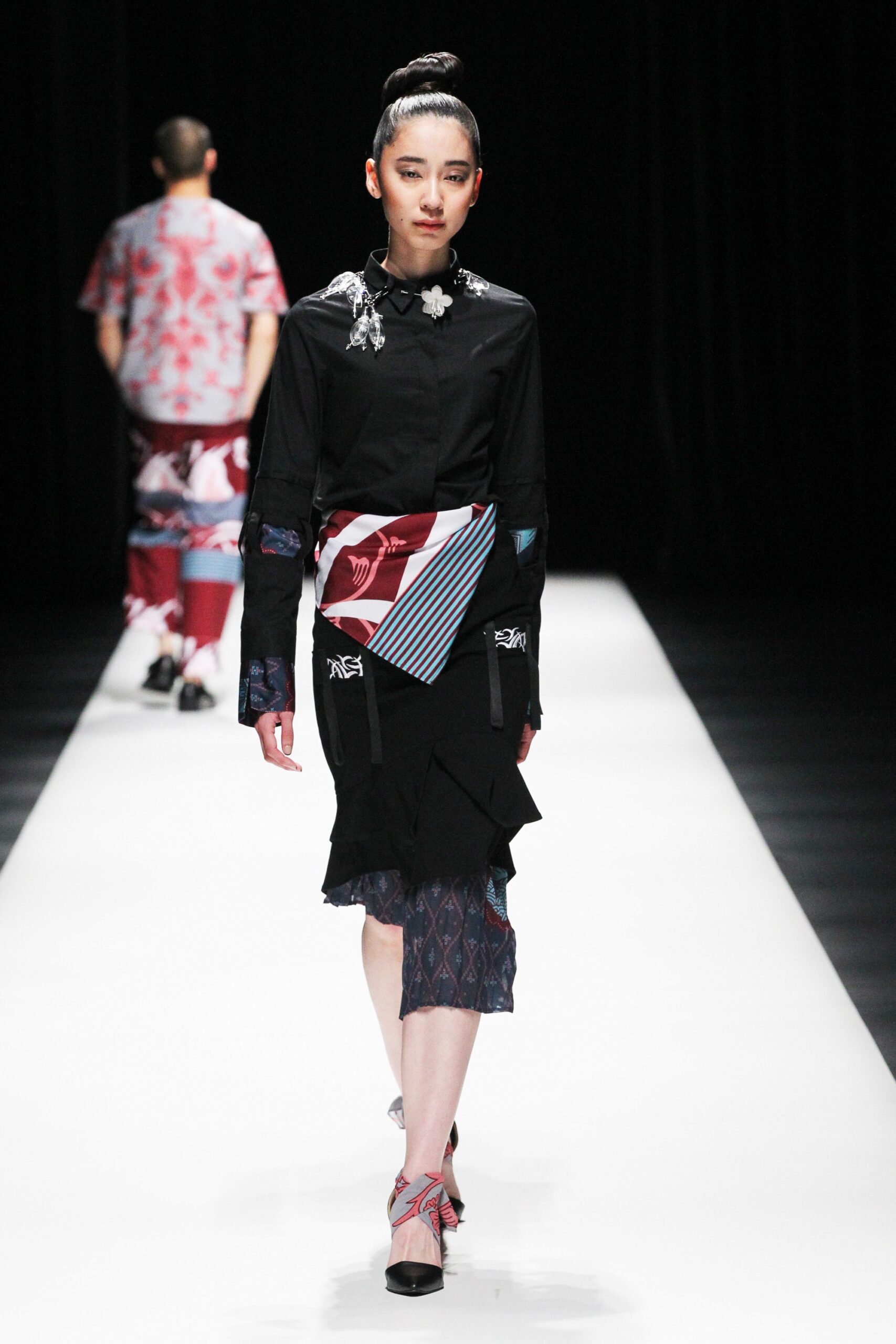 black fitted shirt with multi skirt