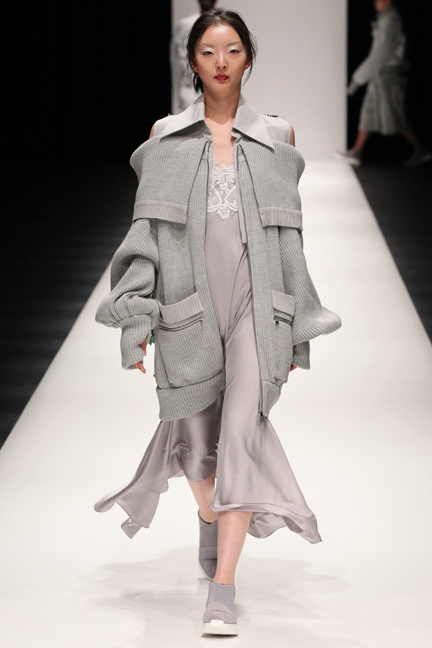 gray oversized jacket and silk dress