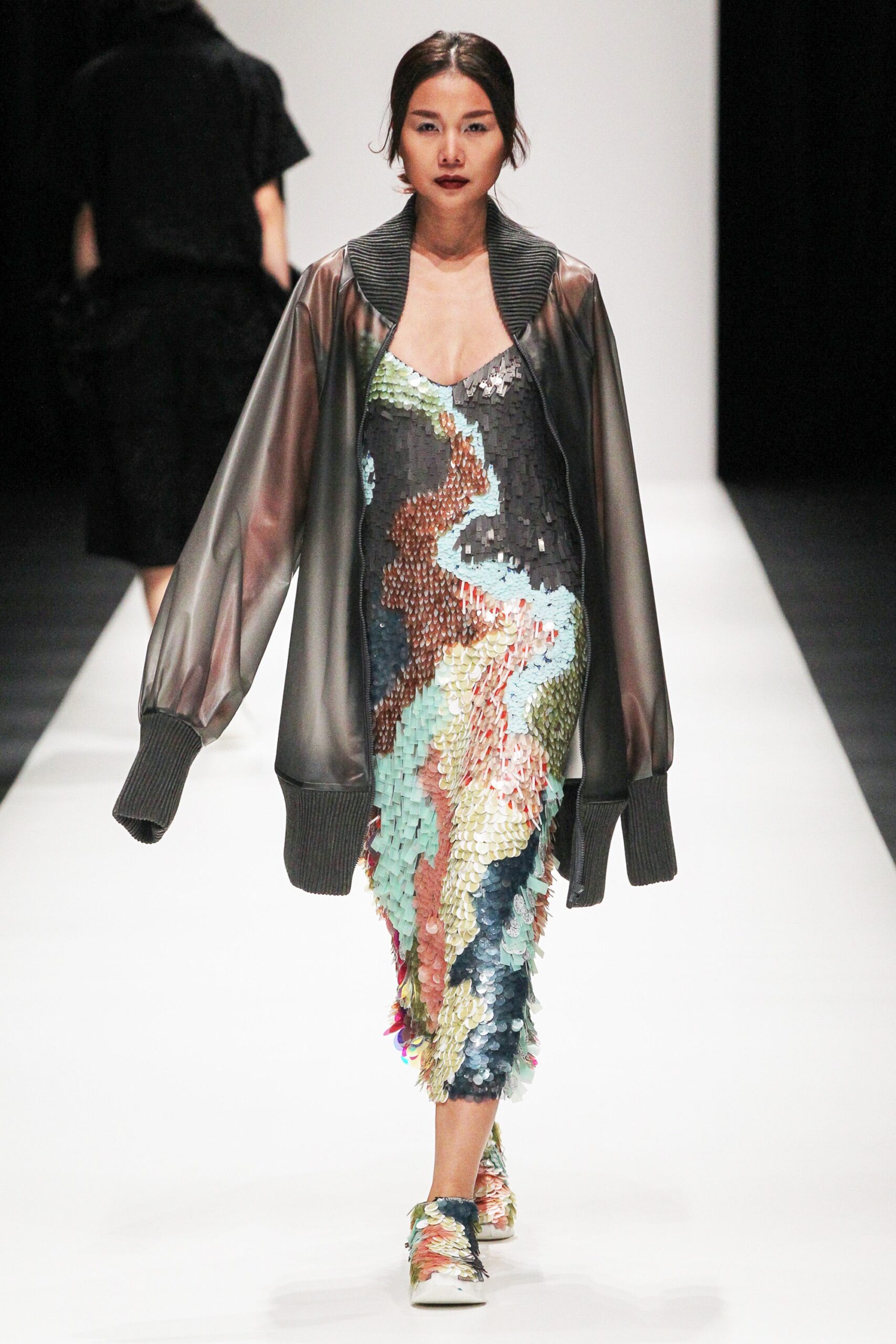 multi sequin midi dress with oversized jacket