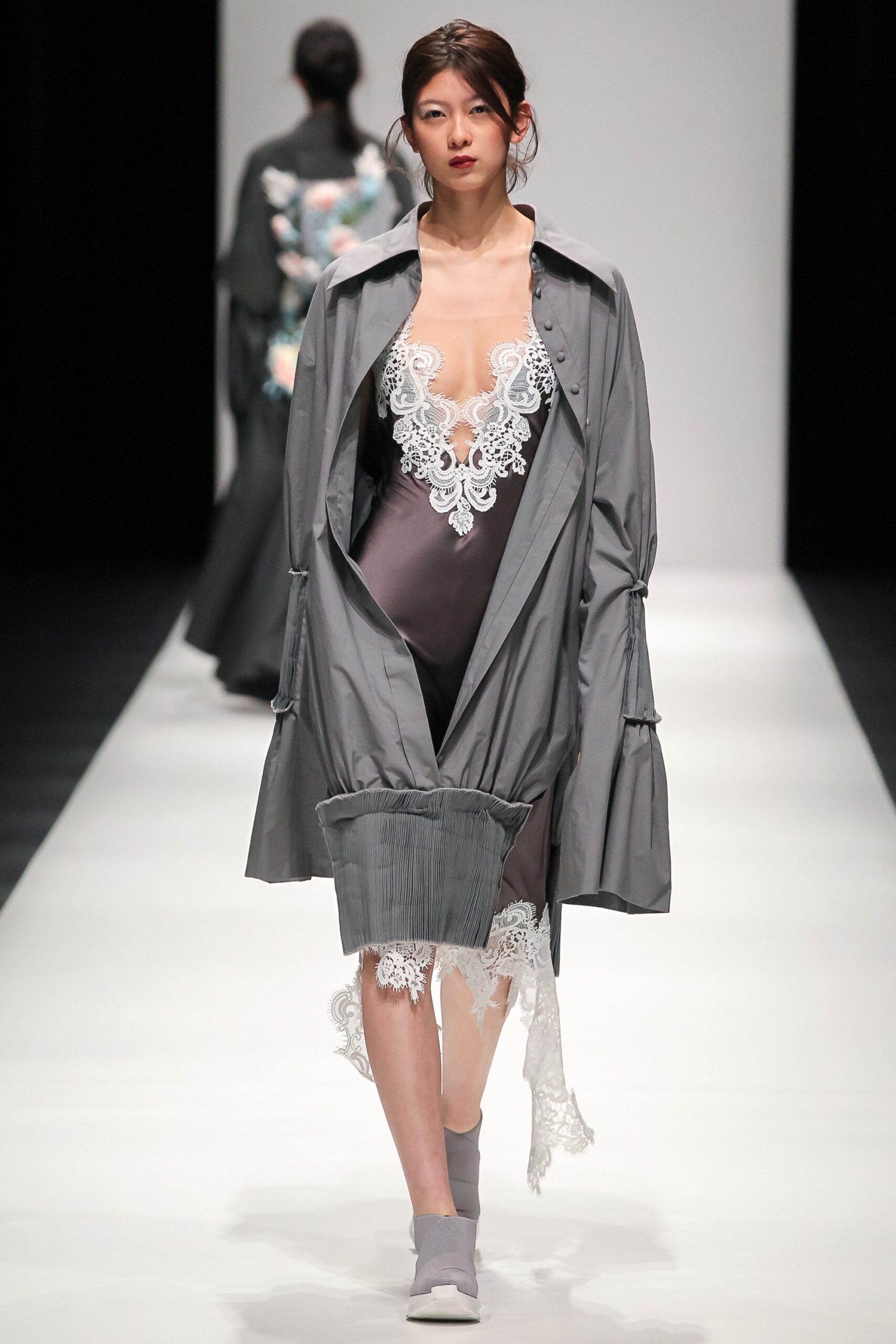 gray coat and purple dress