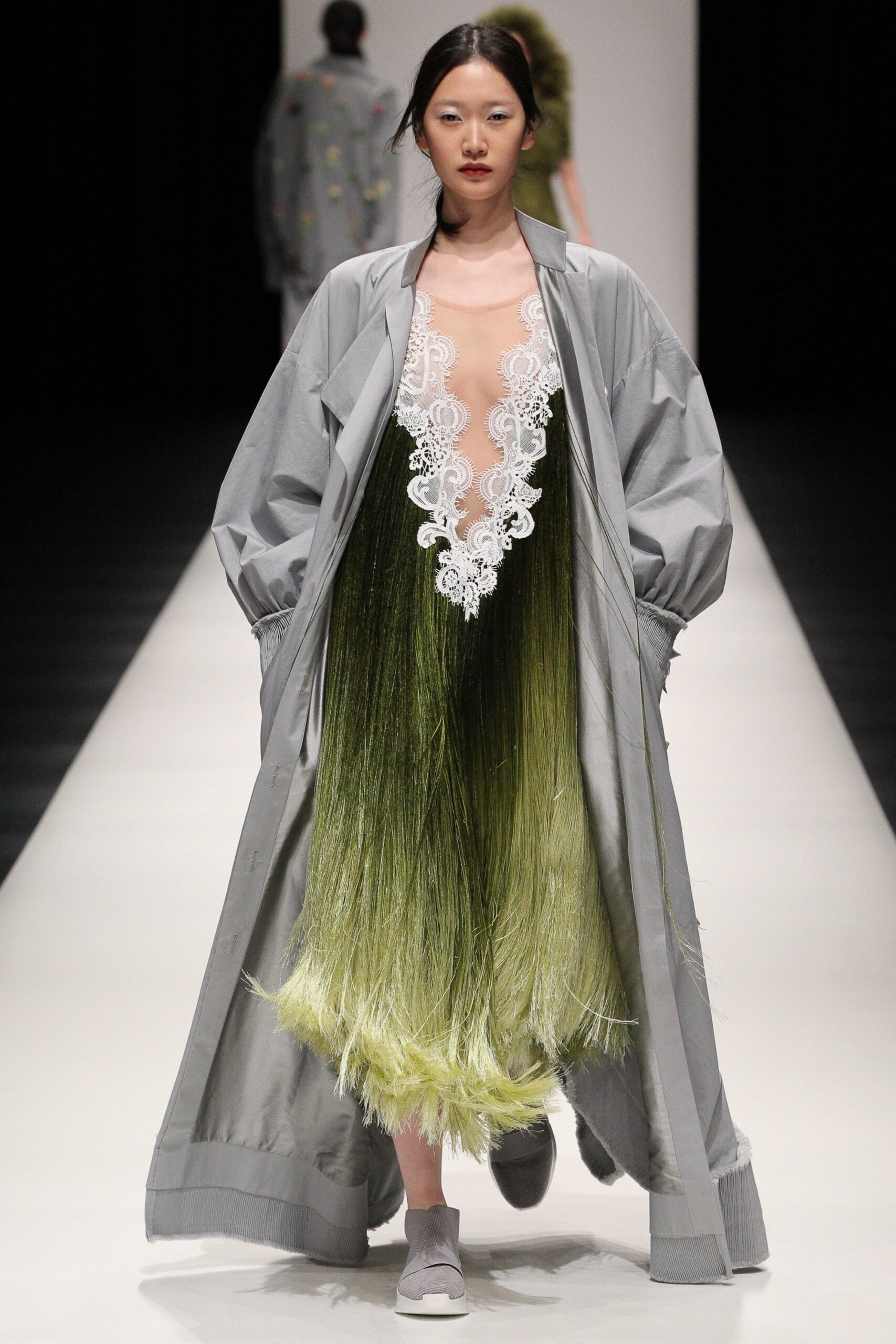 green silk midi dress with gray coat