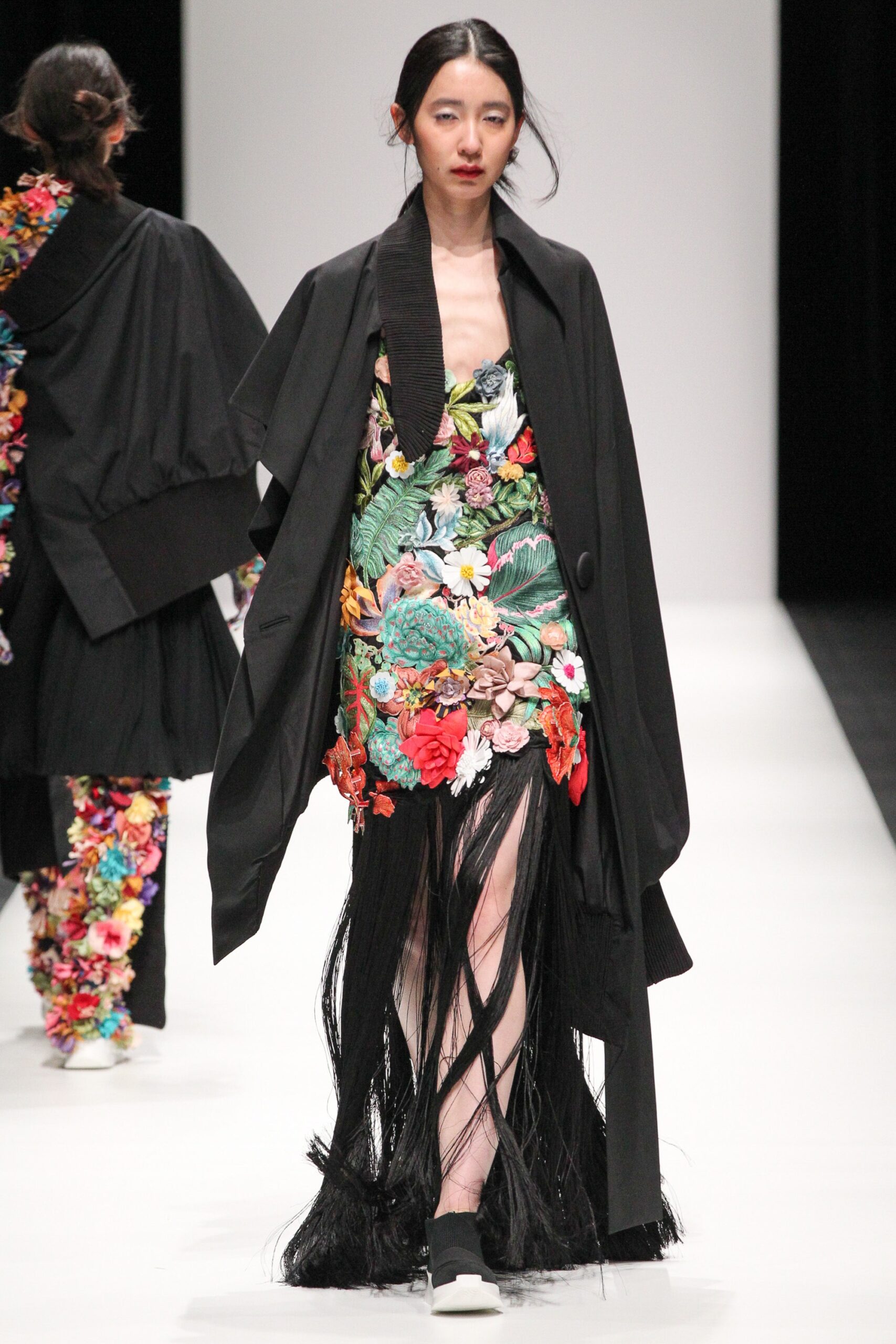 floral mini dress with oversized coat