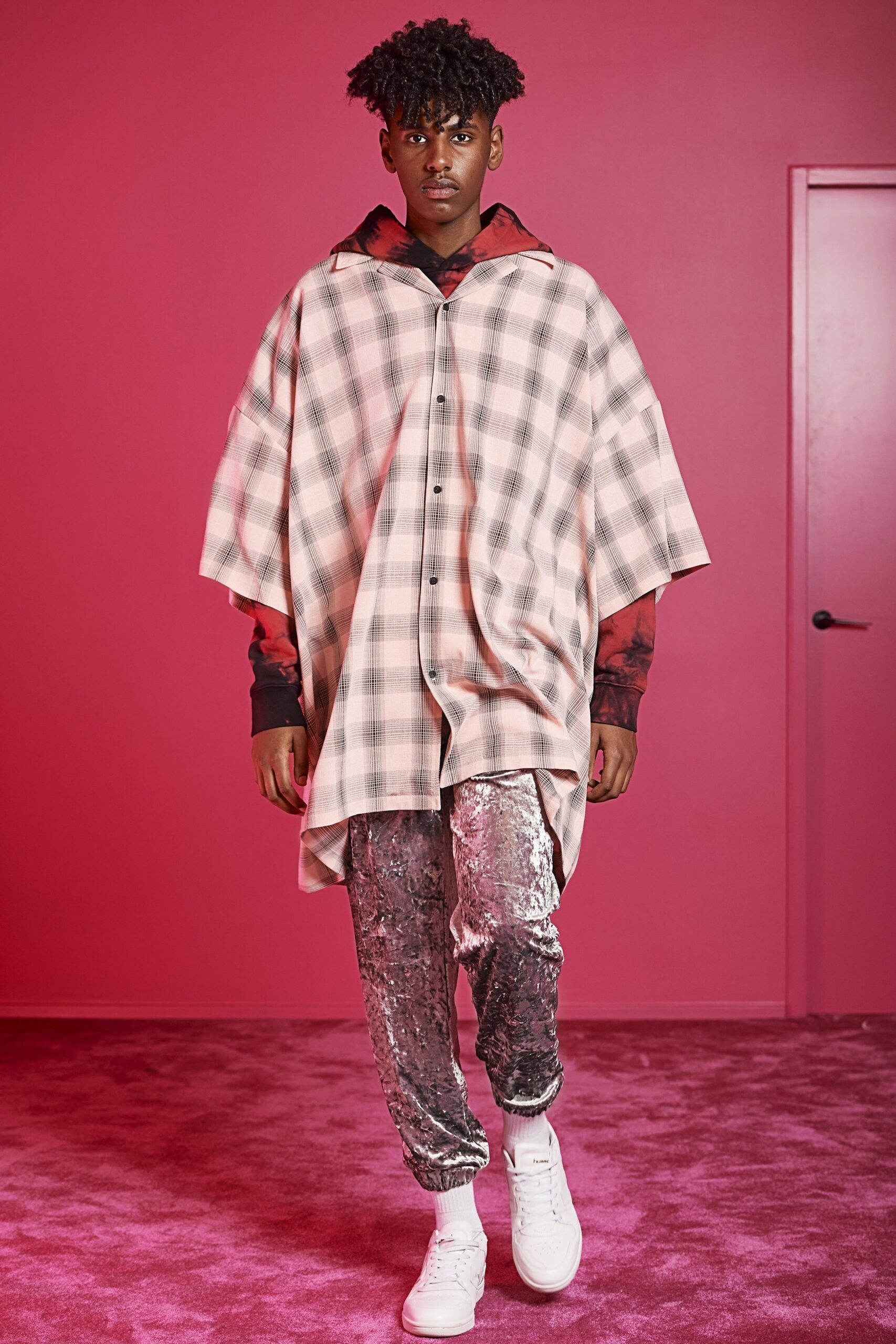 oversized pink poncho with sequined pants