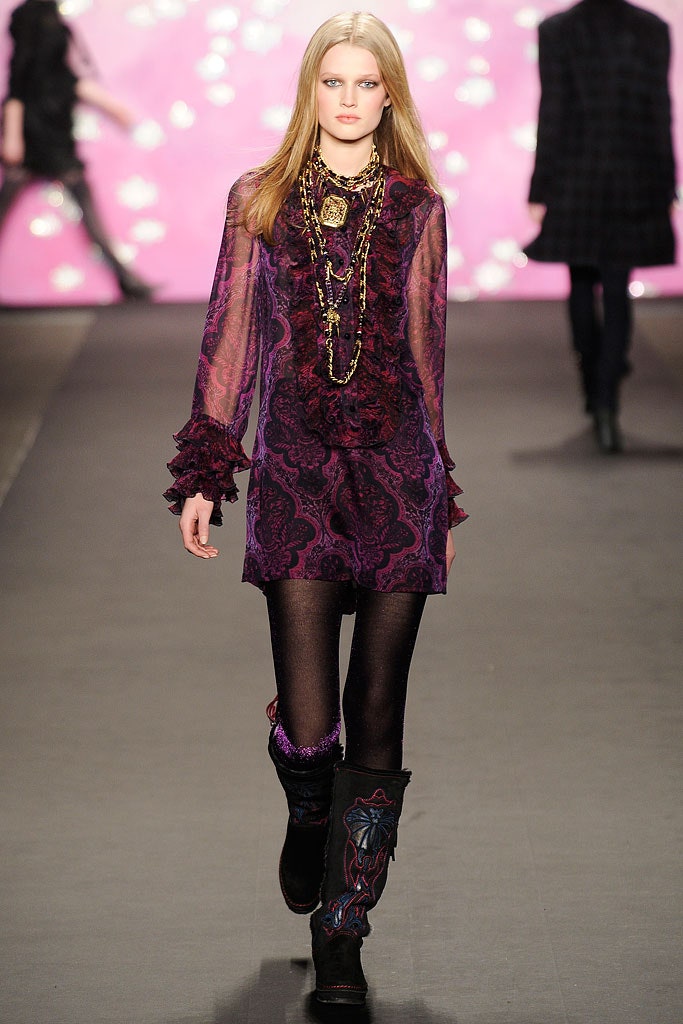 purple silk long-sleeve v-neck fitted ruffled printed dress