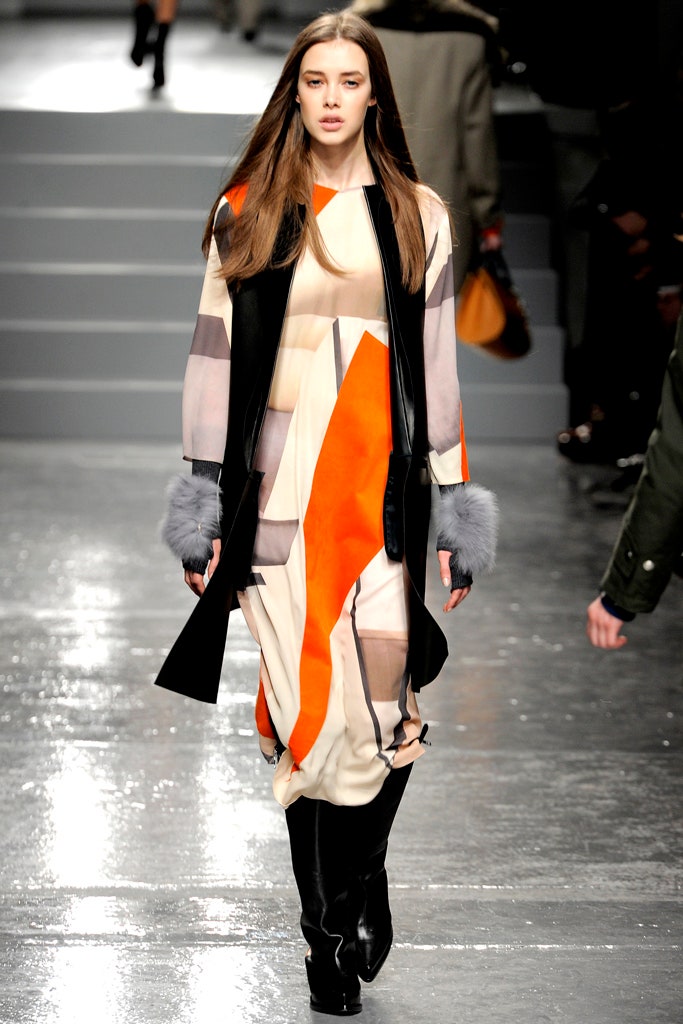 color-blocked midi dress with leather coat
