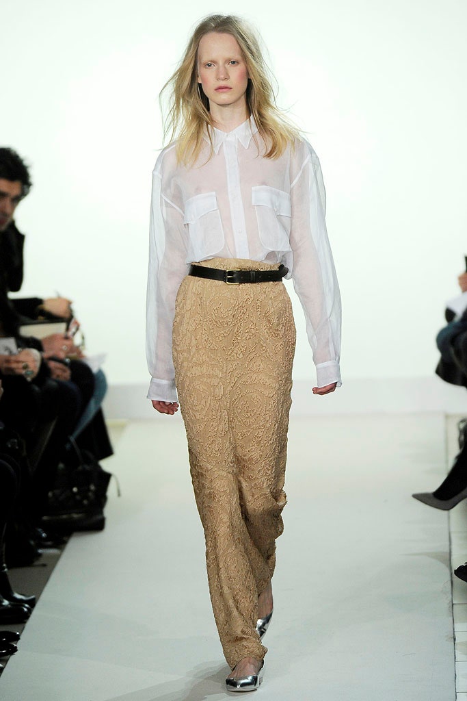 white shirt beige flared pants