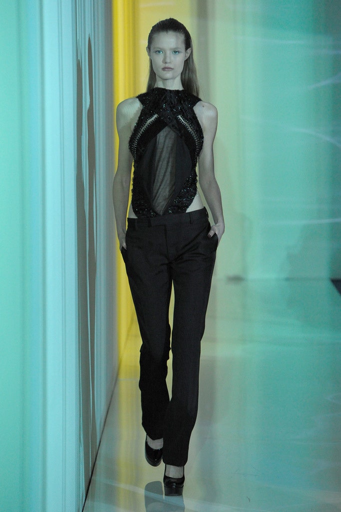 black silk sleeveless high-neck fitted beaded top