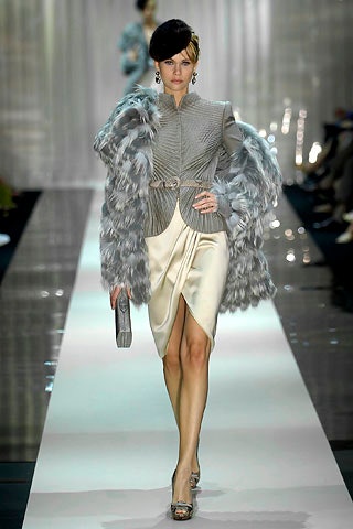 gray fur coat and ivory pencil skirt