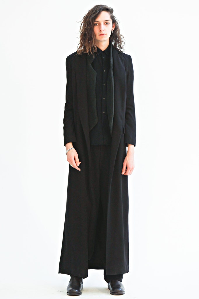 black wool long-sleeve collared relaxed straight-leg maxi coat