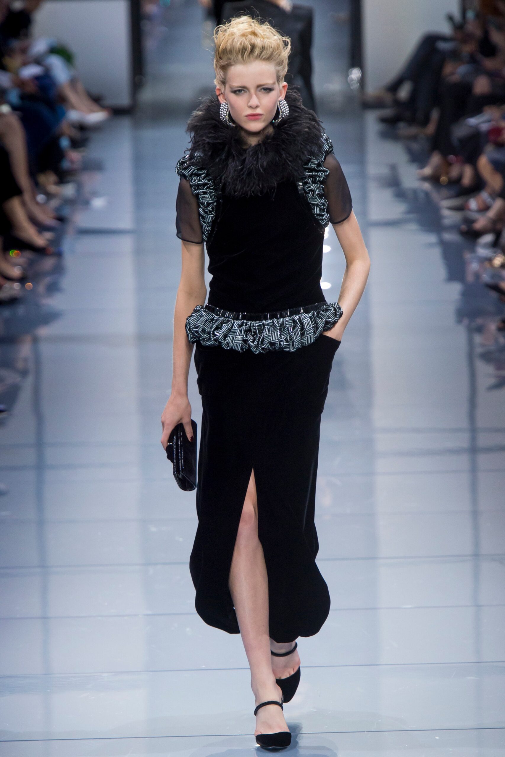 black velvet fitted dress with gray fur cape