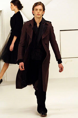 brown wool fitted trench coat and black tulle dress