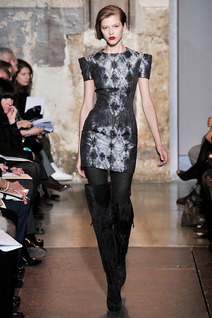 black silk sleeveless high-neck fitted structured printed dress