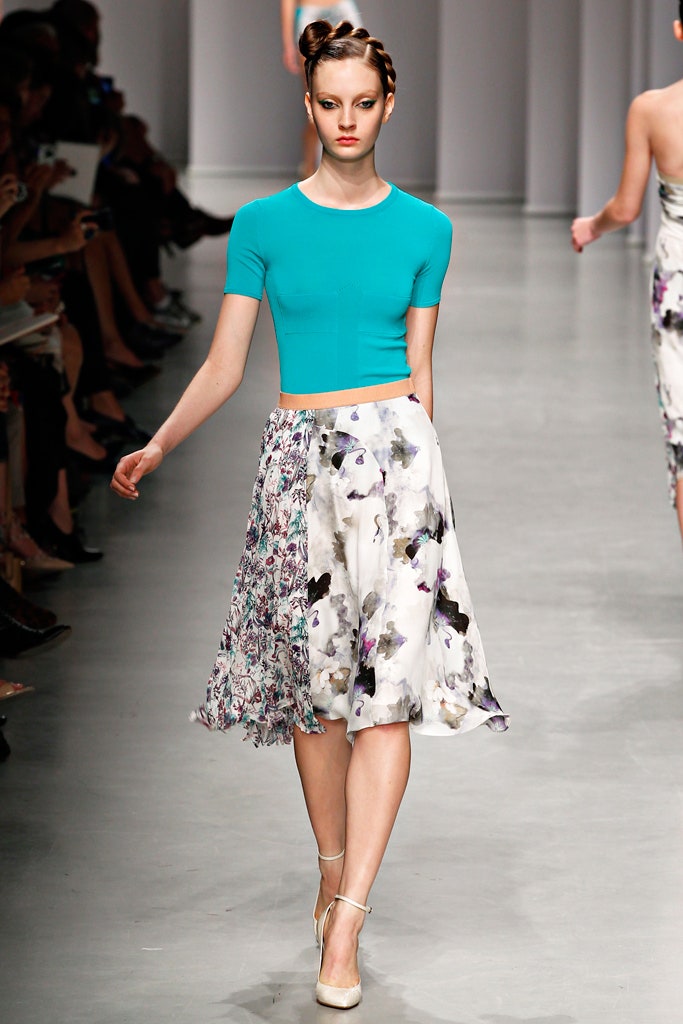 blue fitted top with flared skirt