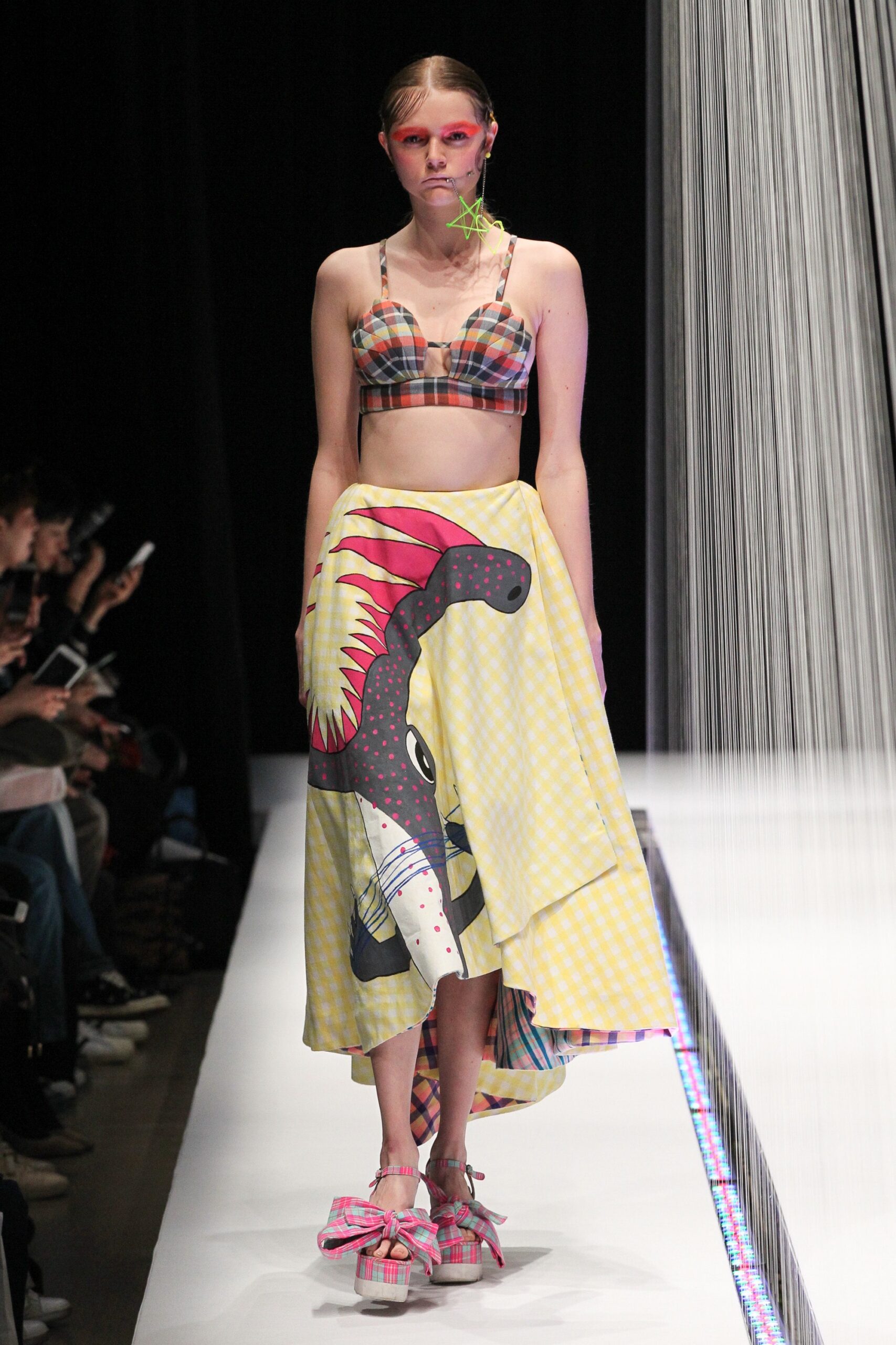 checked crop-top and printed midi-skirt