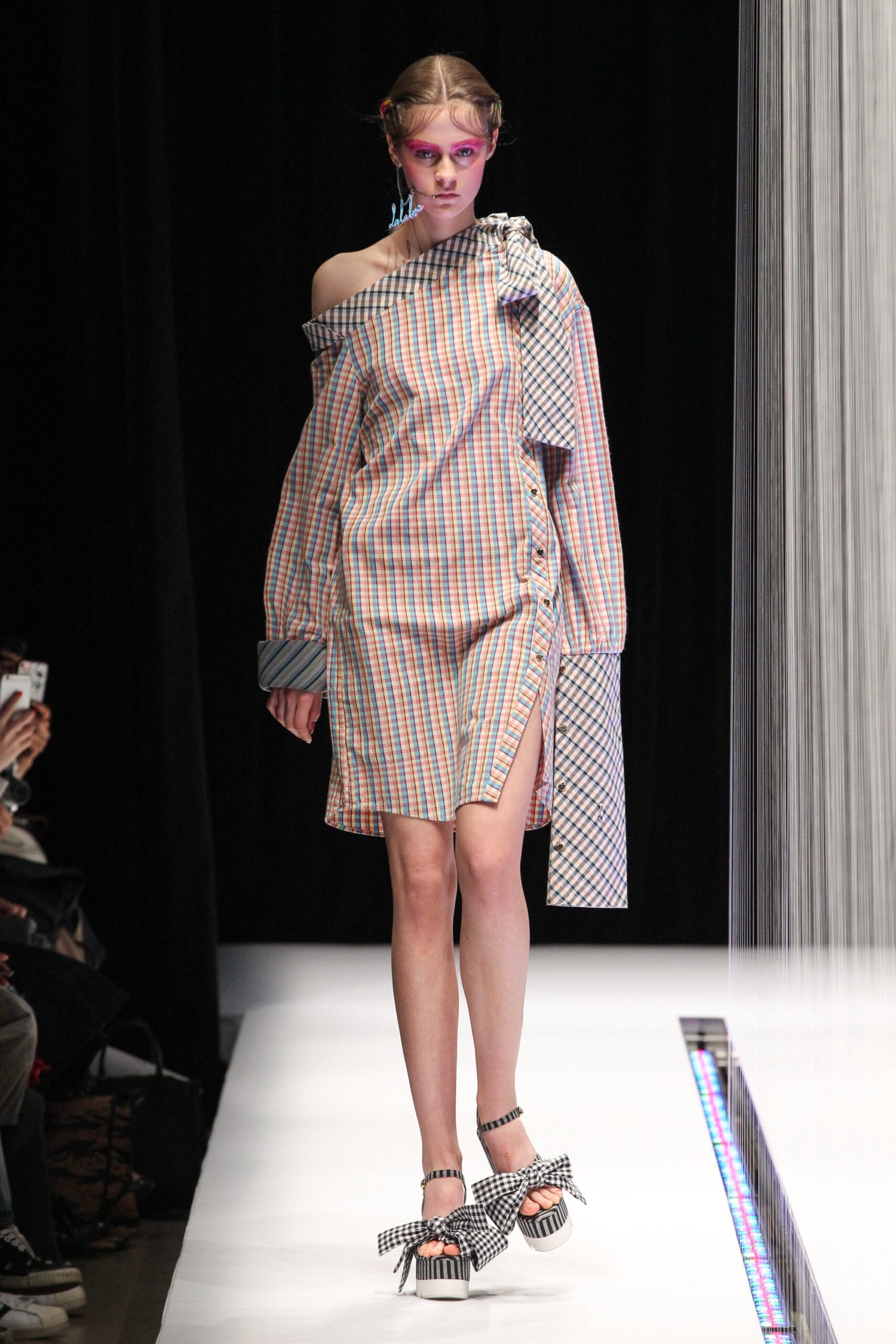 multi cotton long-sleeve off-shoulder fitted checked mini dress