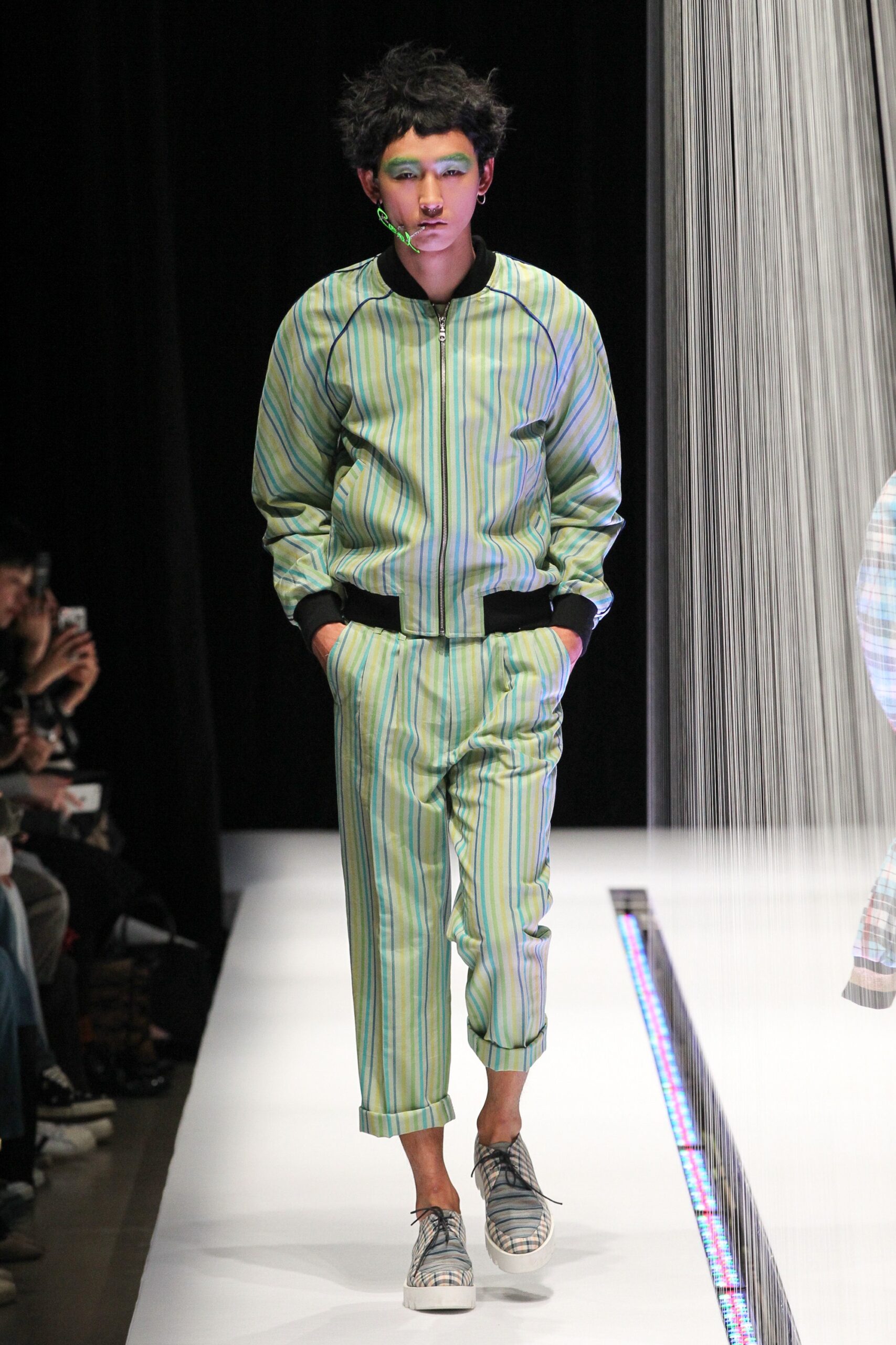 green cotton long-sleeve collared relaxed striped zippered jacket