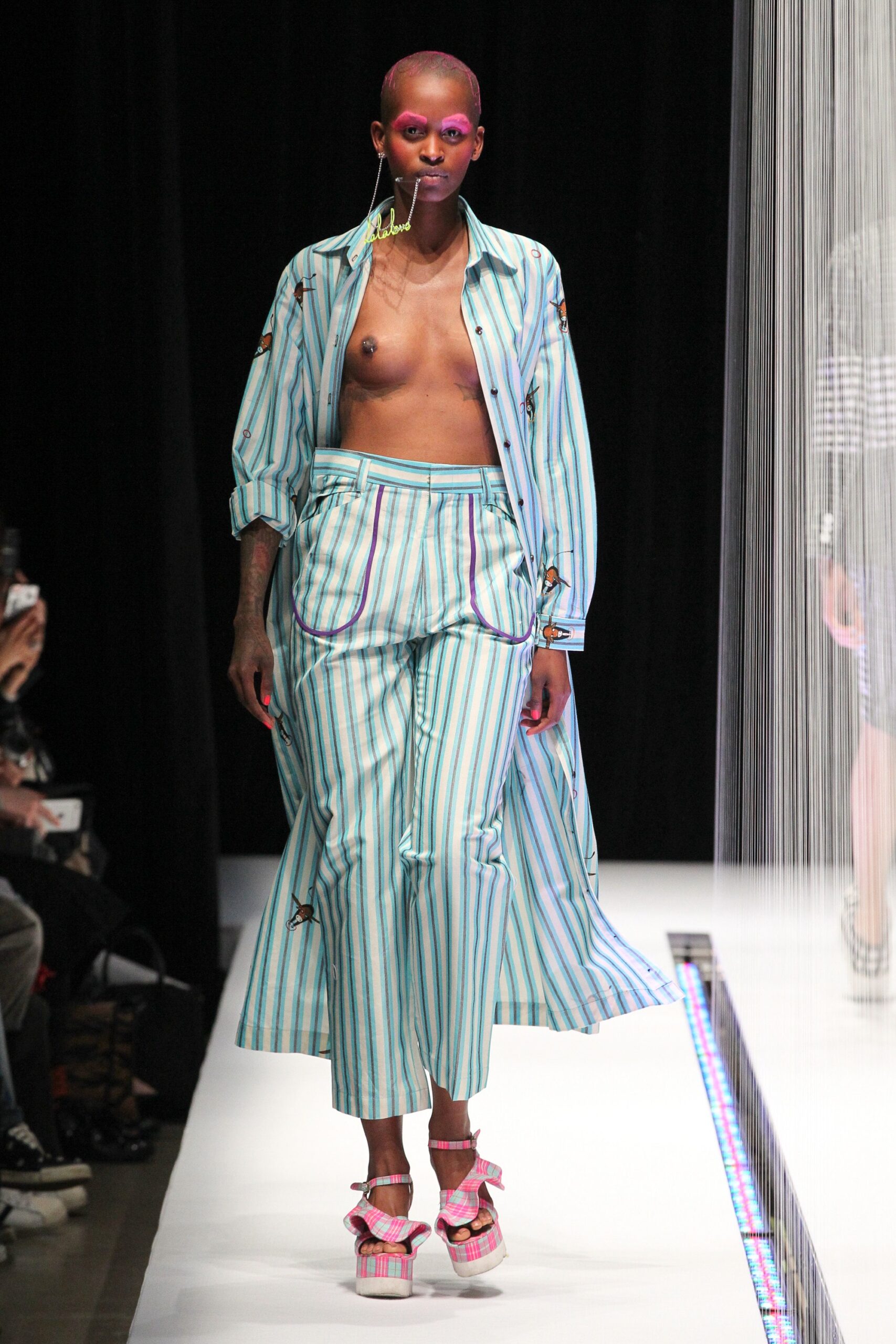 blue cotton long-sleeve collared relaxed striped buttoned coat