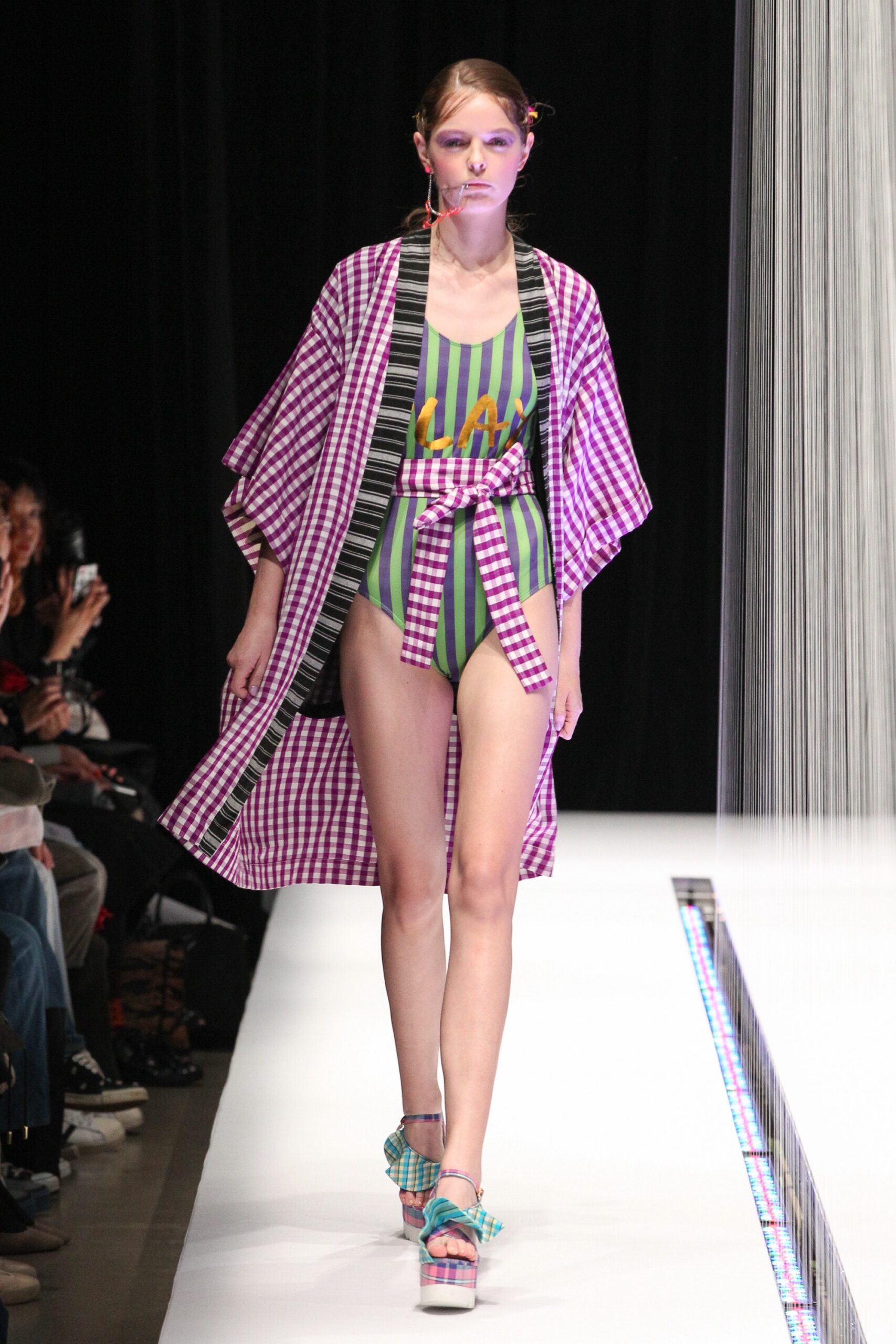 purple checked kimono with swimsuit