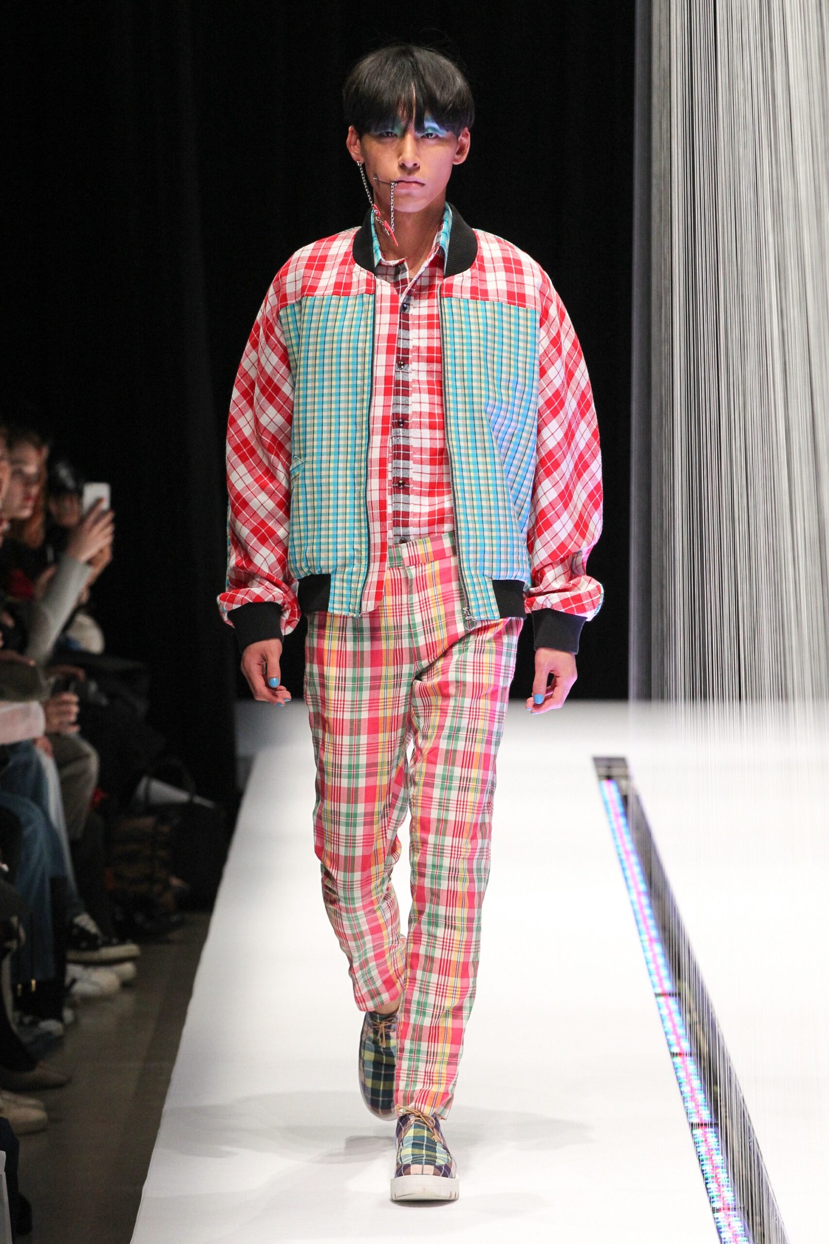 checked jacket and pants ensemble