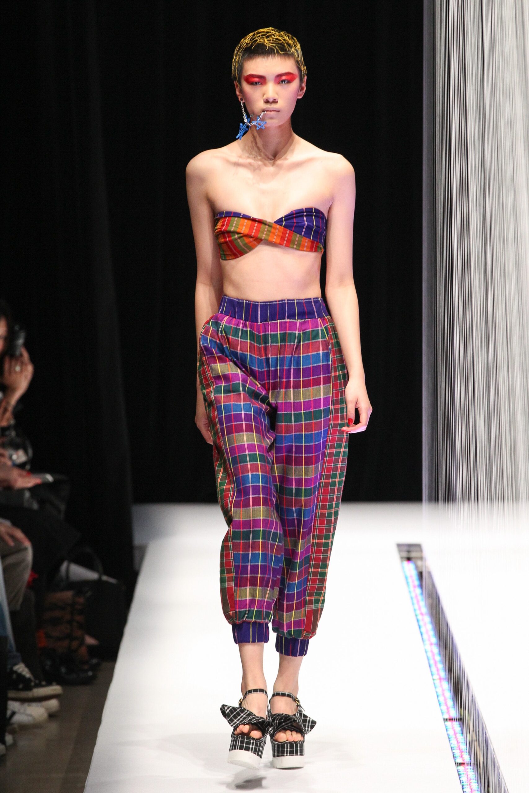 multi-colored checked crop-top and pants