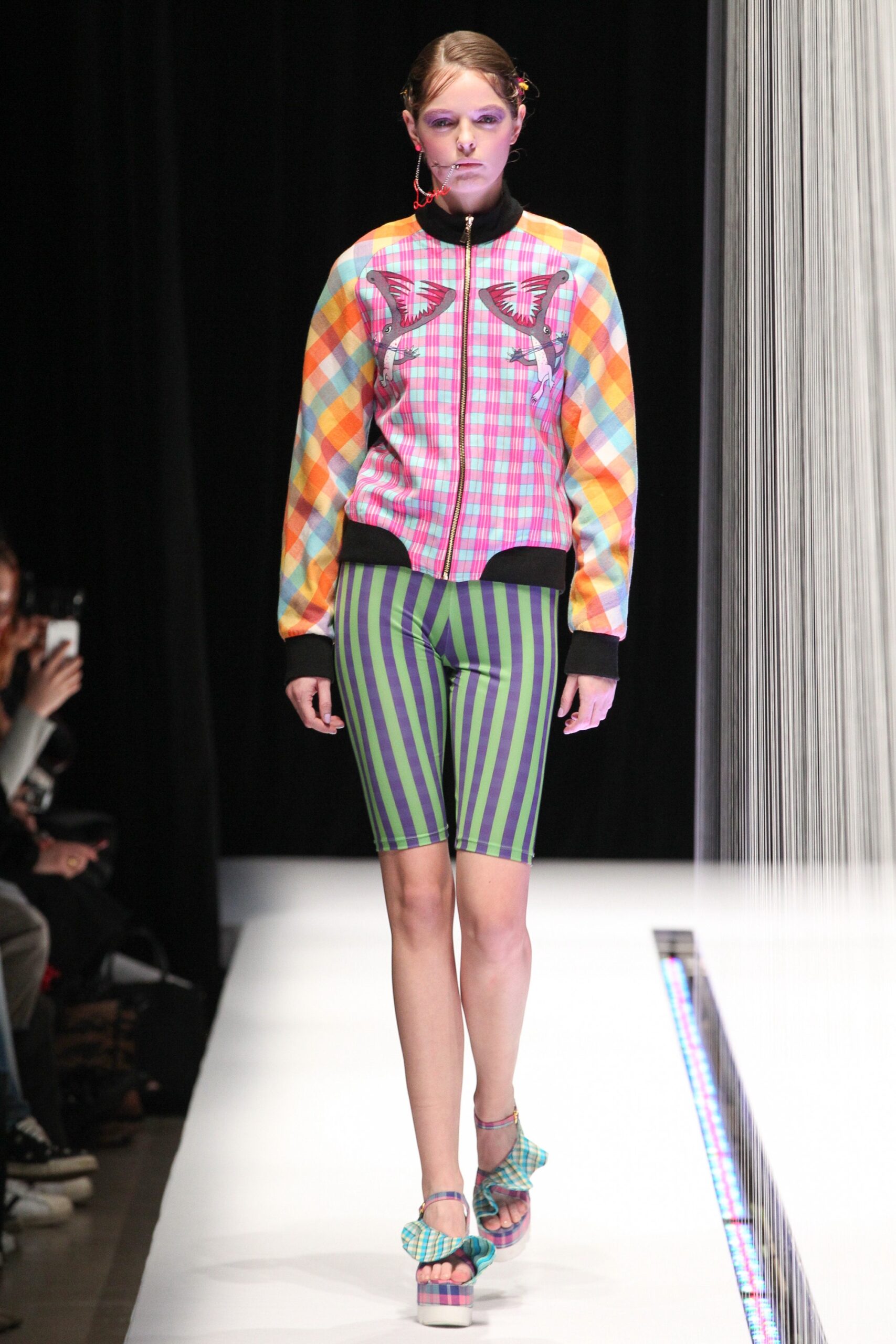 color-blocked fitted jacket with striped shorts