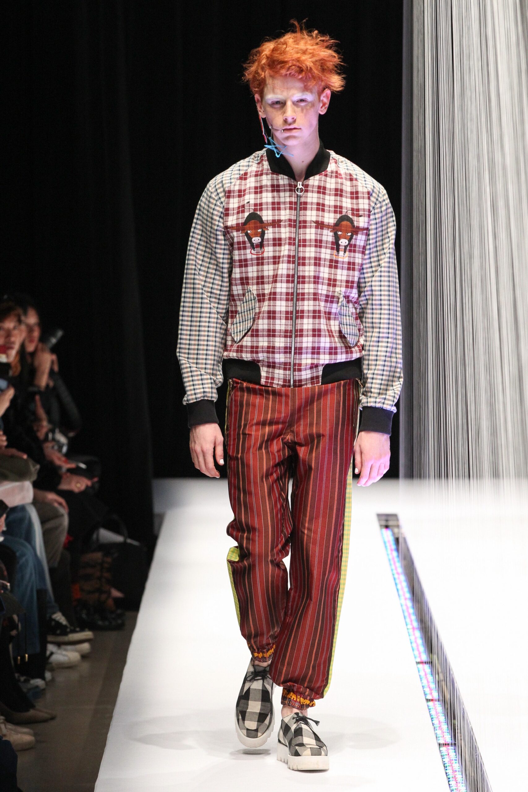 checked jacket with striped pants