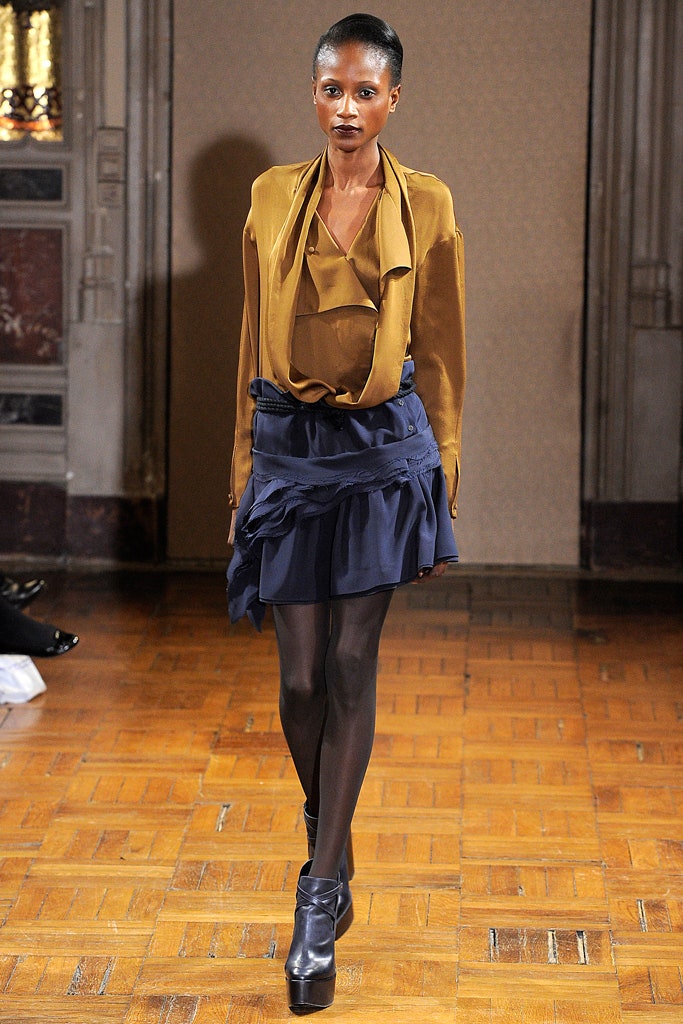 brown silk relaxed blouse and blue tiered skirt