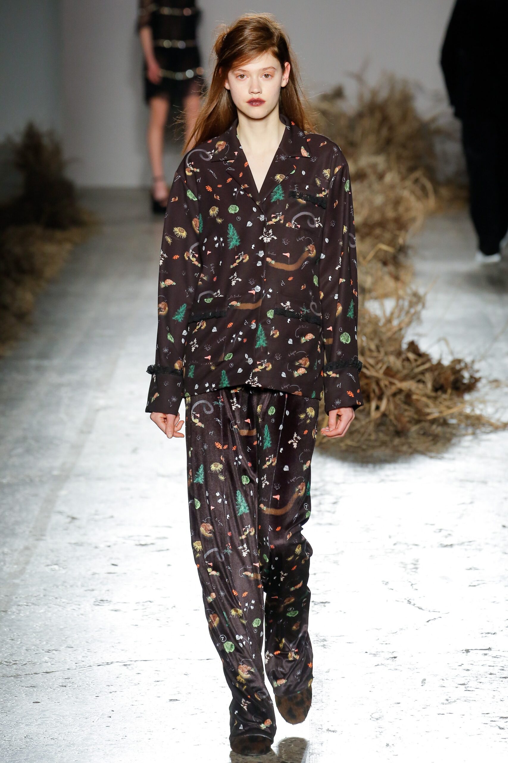 black printed silk blouse and pants