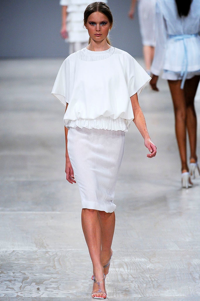 white silk relaxed top and fitted skirt