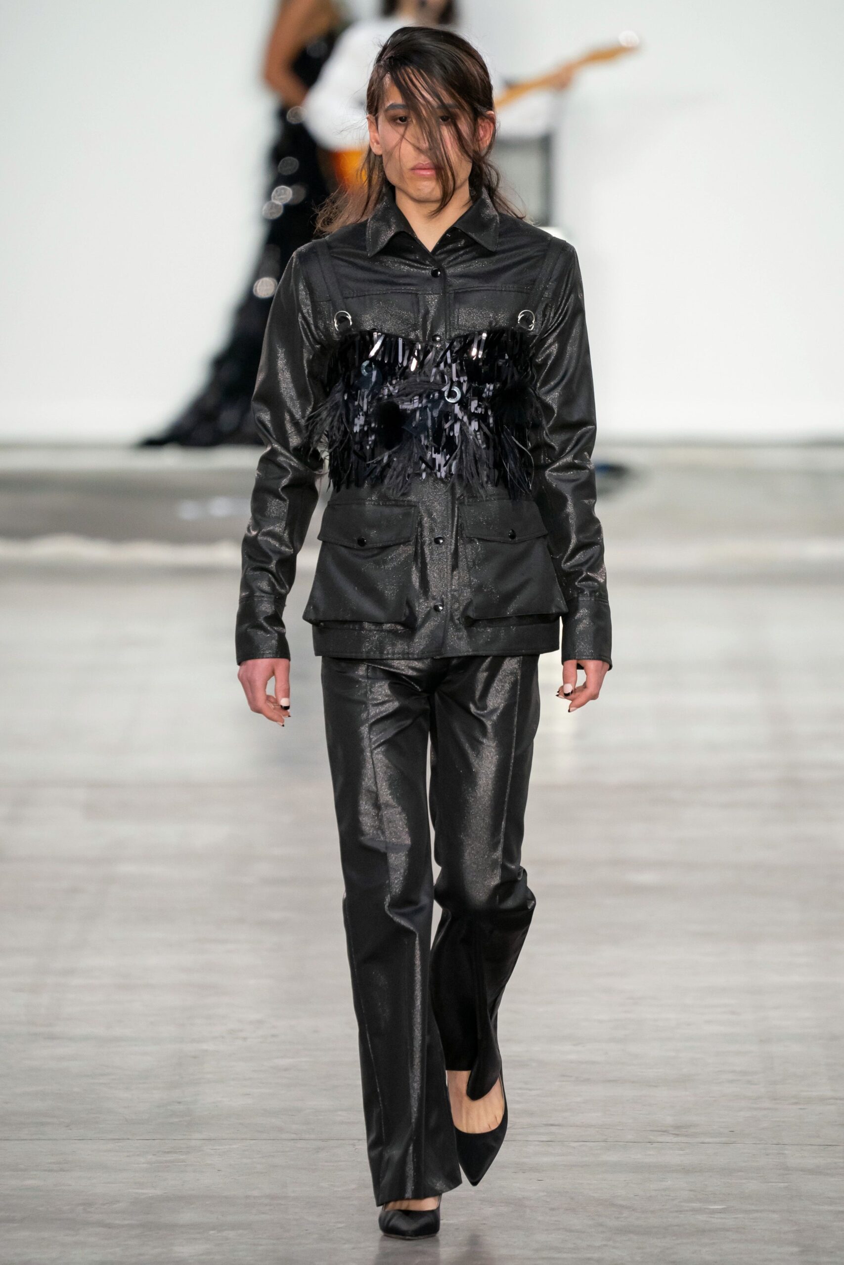 black leather fitted jacket and pants