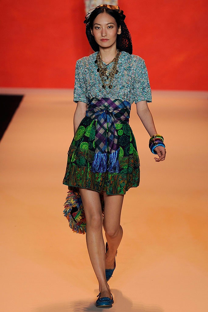 multi-colored relaxed top with green tiered skirt