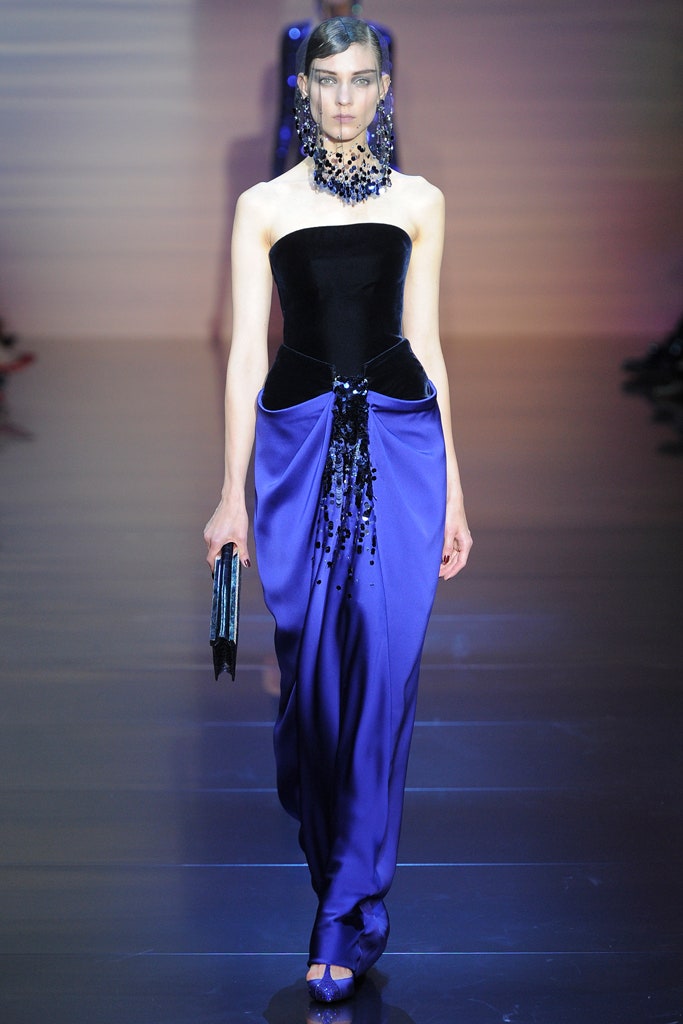 black and purple strapless gown