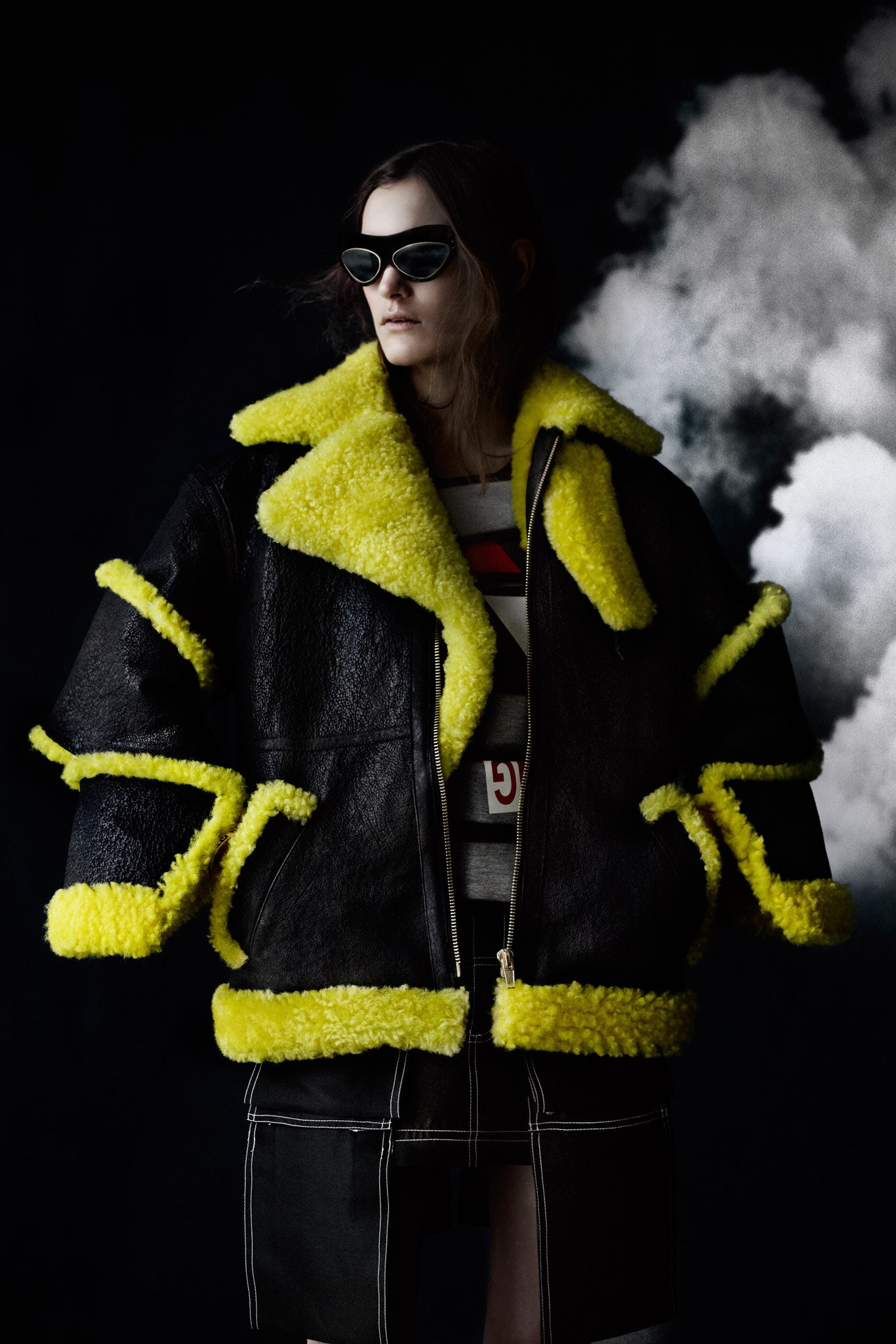 black leather shearling-trim jacket